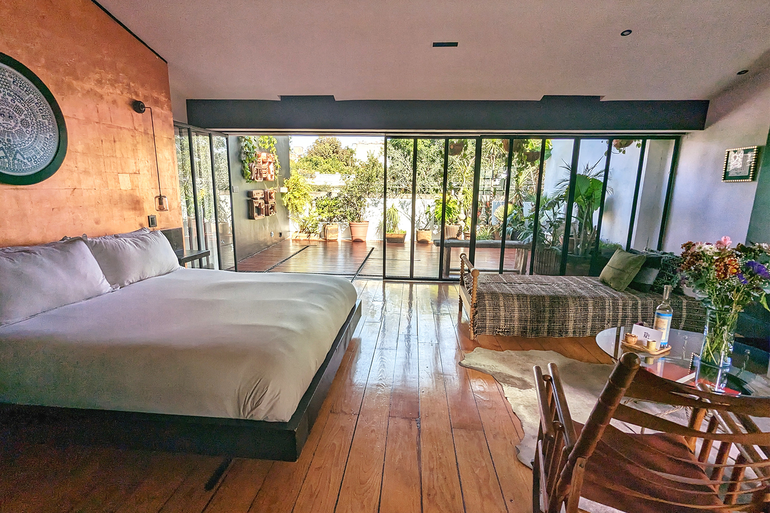 A room at La Valise CDMX, a boutique hotel in Mexico City. La Terraza room features a bed that slides onto a terrace.