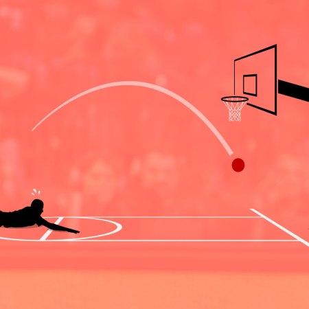 illustration of a basketball player falling at the foul line after taking a shot