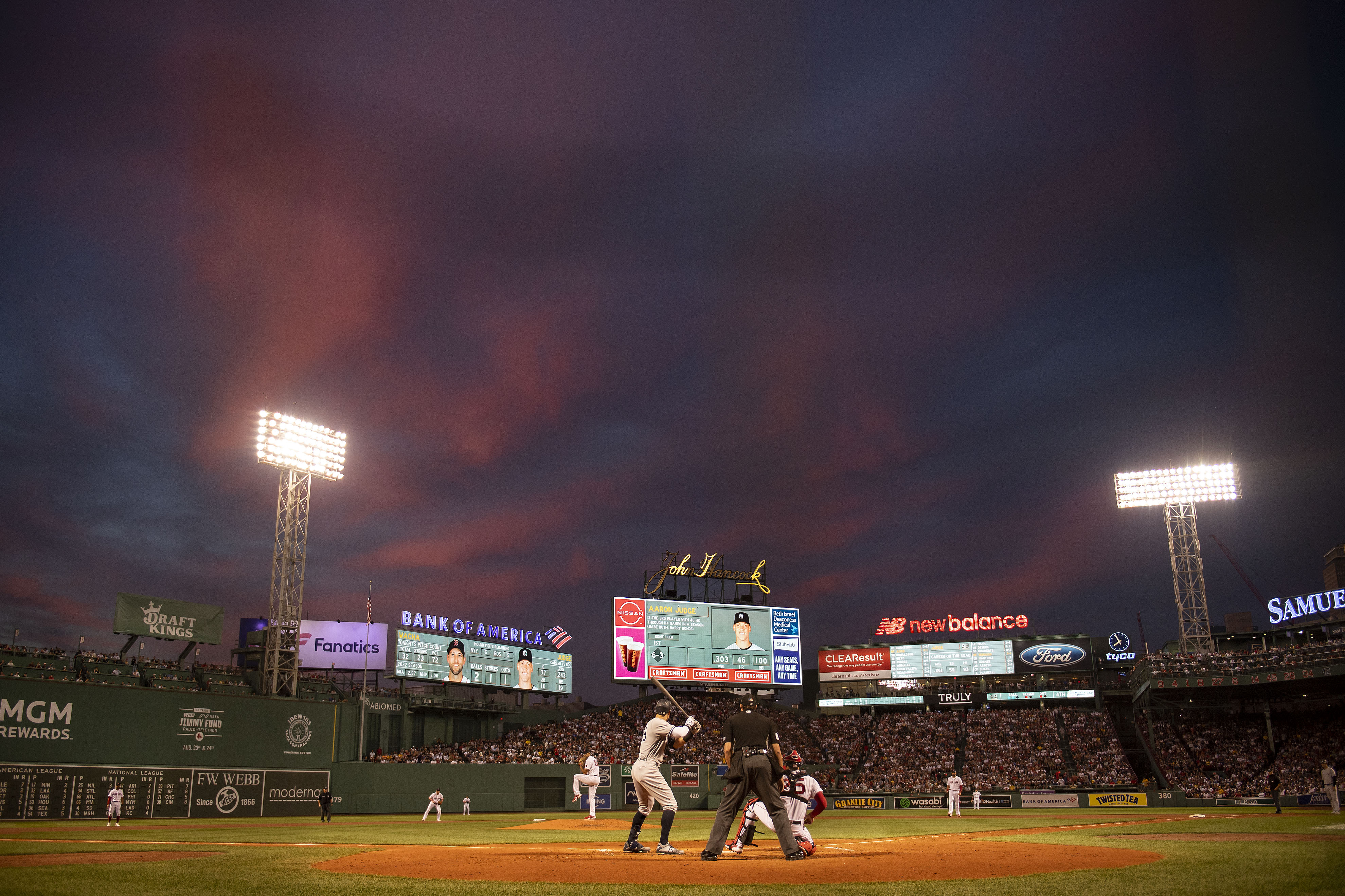 Fenway Park at sunset, Aaron Judge at the plate.