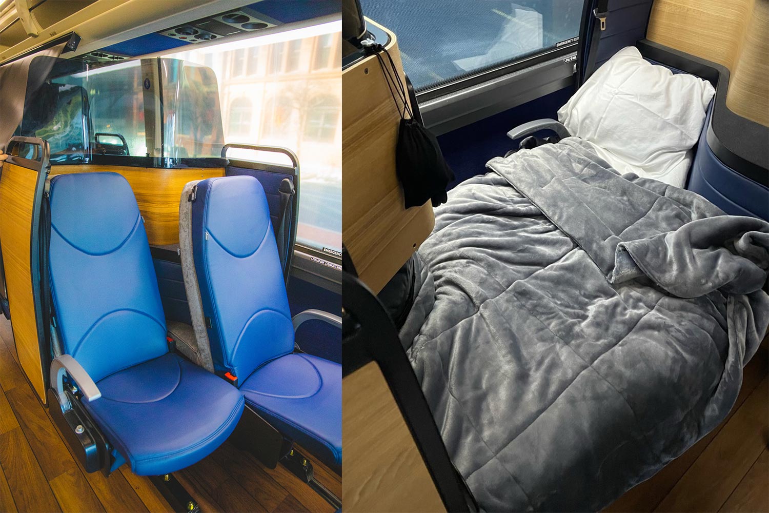 The seats on a Napaway bus, which can be used for sitting upright or folded down into a bed