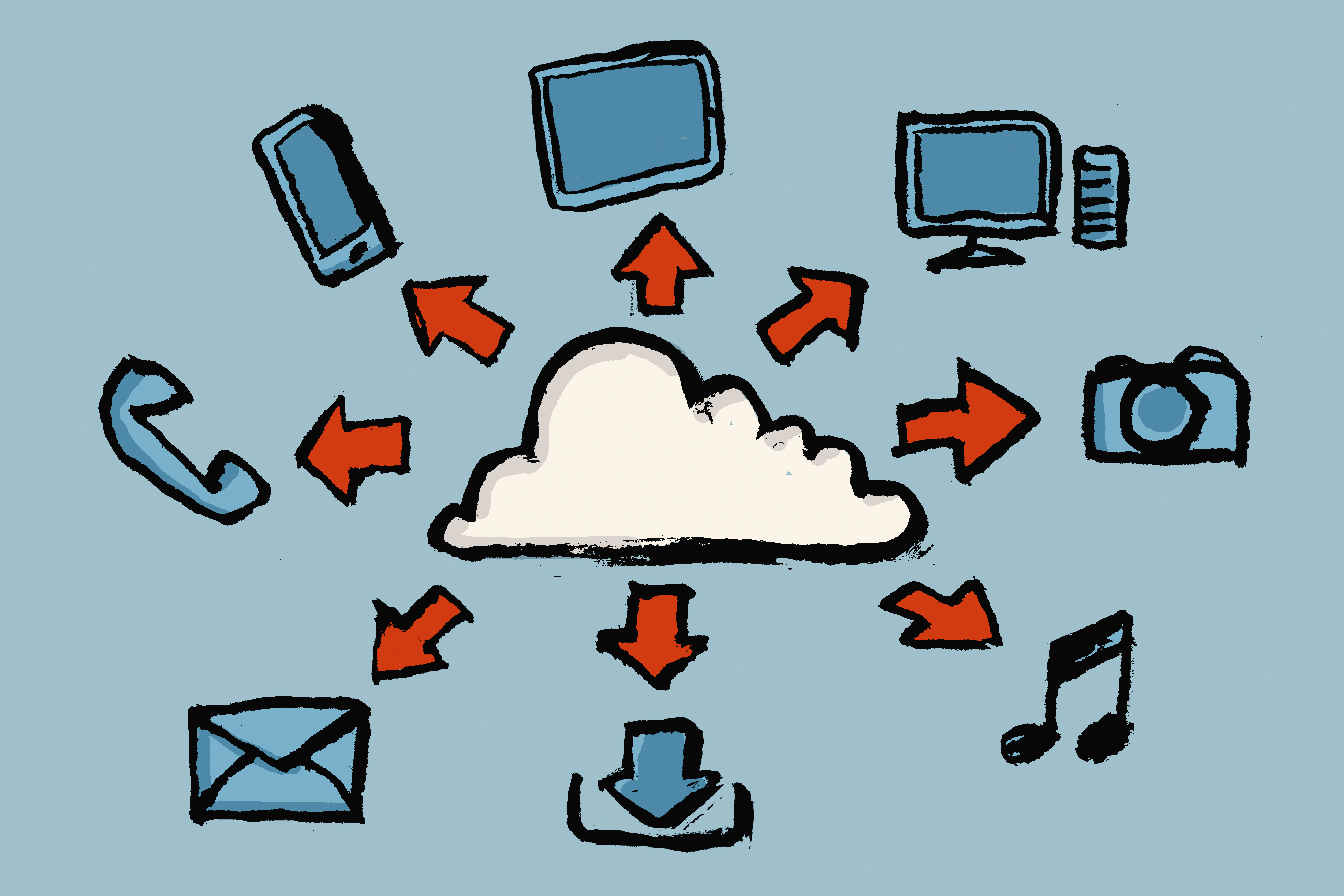An illustration of a cloud with arrows to various forms of technology.