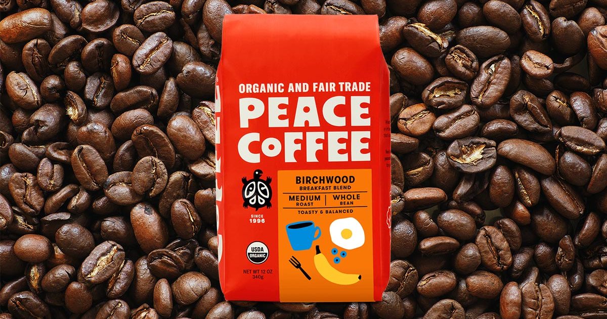 A 12-ounce bag of Peace Coffee Birchwood blend, my favorite coffee beans