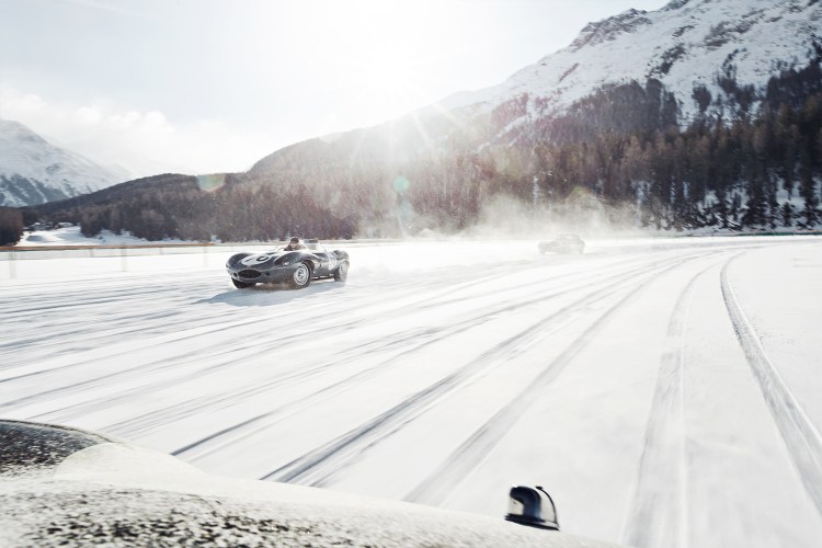 Classic cars drifting on the frozen Lake St. Moritz at The Ice, a concours event in winter
