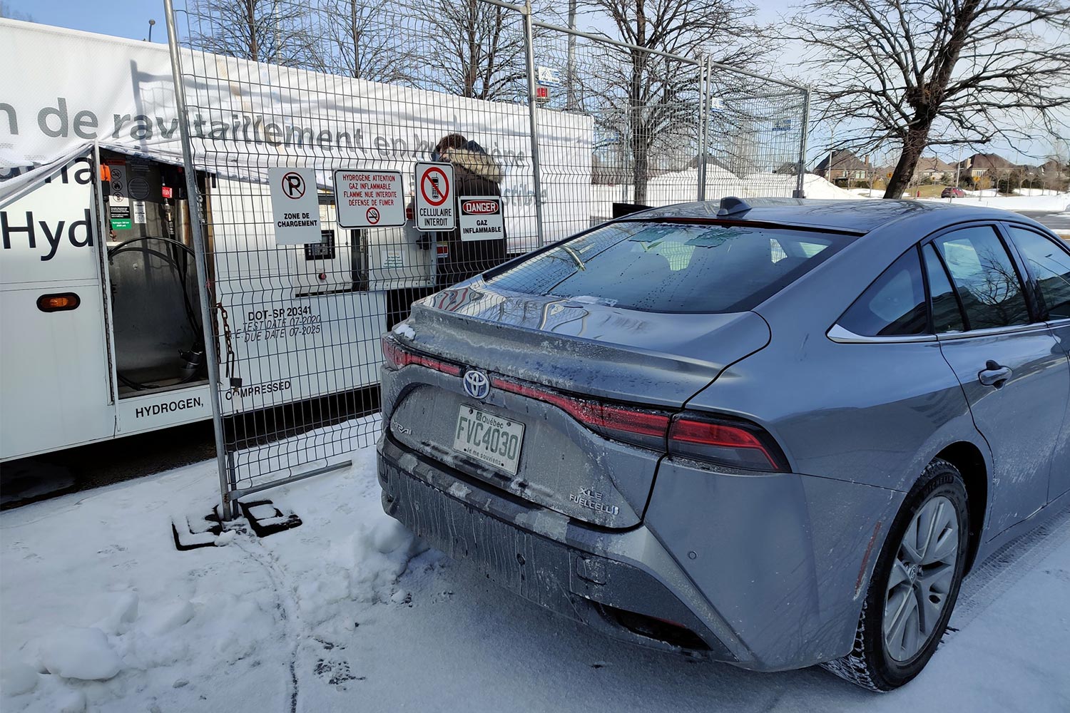 The hydrogen fueling station towed to the Toyota office in Montreal, Quebec