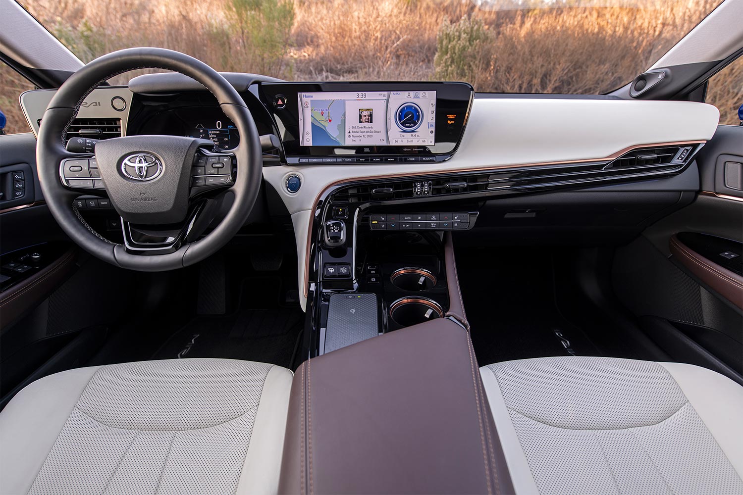 The interior of the Toyota Mirai, a hydrogen fuel cell vehicle we reviewed