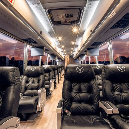 The inside of a Vonlane bus, what the Texas company calls a "private jet on wheels"