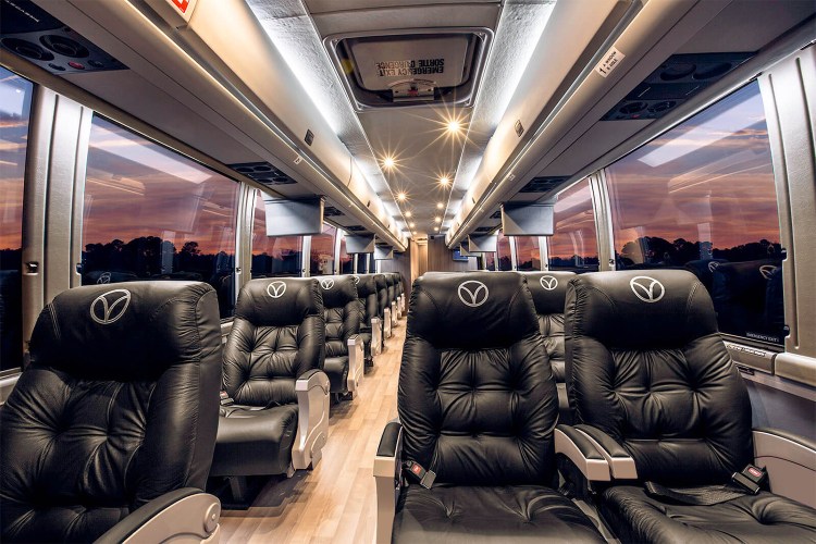 The inside of a Vonlane bus, what the Texas company calls a "private jet on wheels"