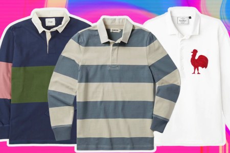 a collage of the best men's rugby shirts on a pink patterend background