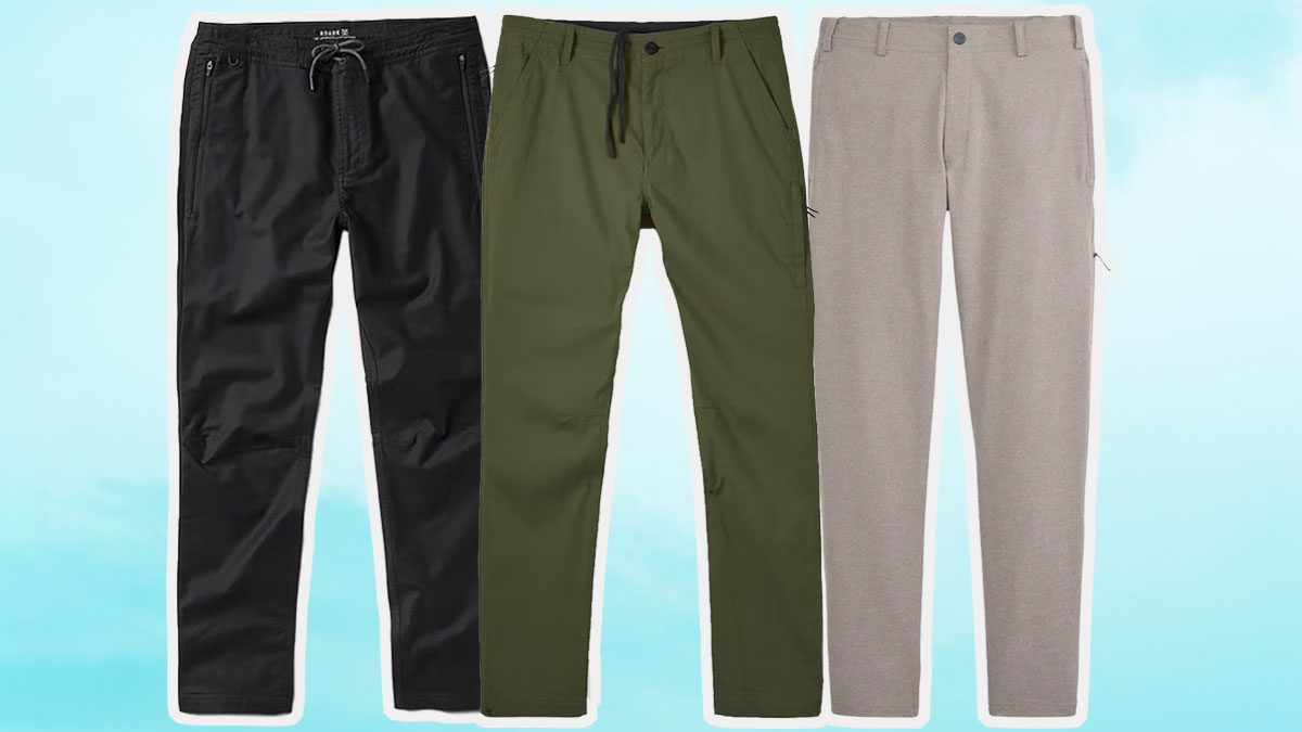 a collage of the best travel pants for men on a sky blue background