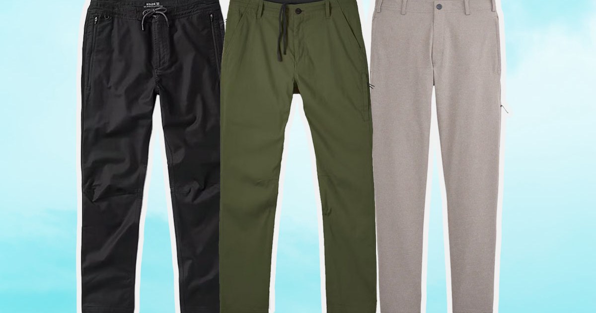 a collage of the best travel pants for men on a sky blue background