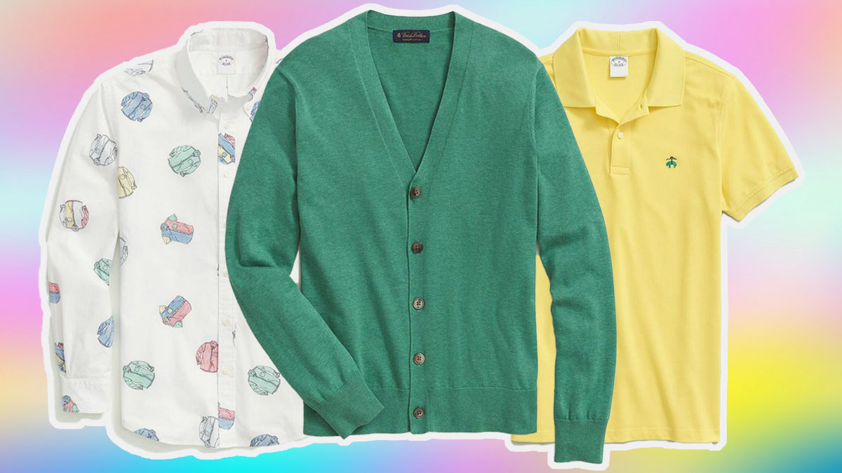 a collage of Brooks Brothers items on a multi-color background