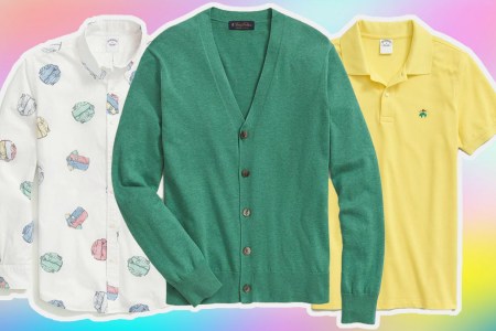 a collage of Brooks Brothers items on a multi-color background