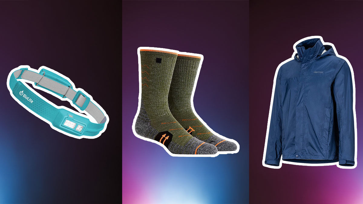 Three camping basics on a abstract purple and blue background