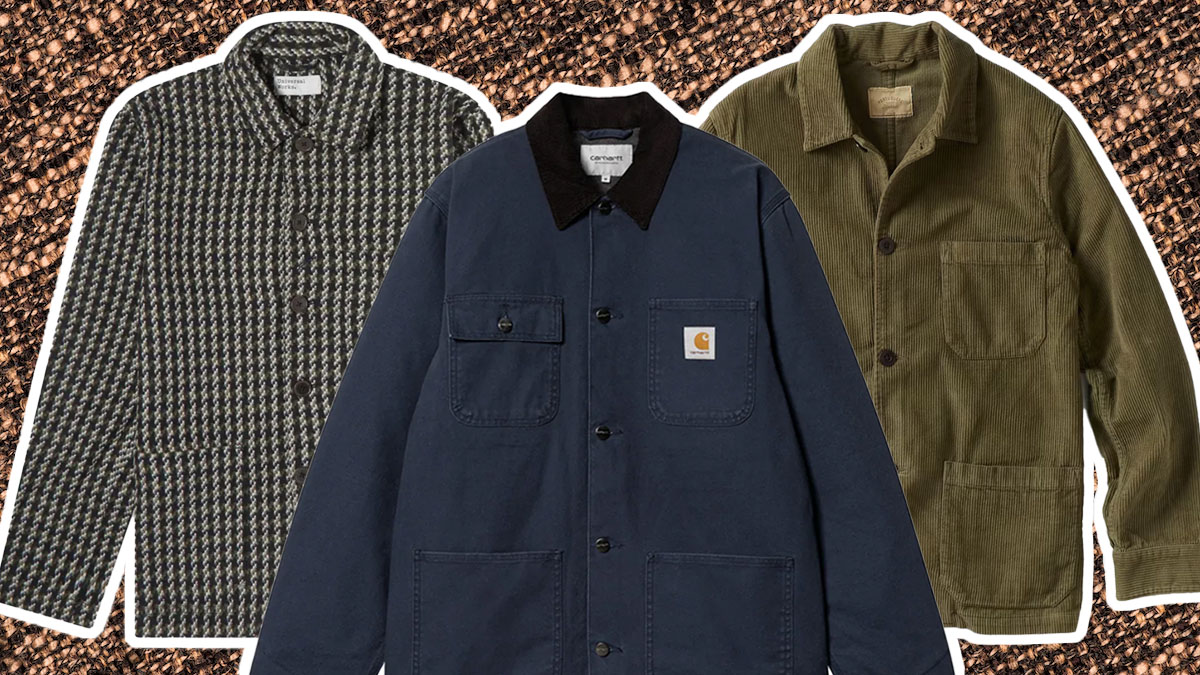 a collage of the best chore coats for men on a brown background
