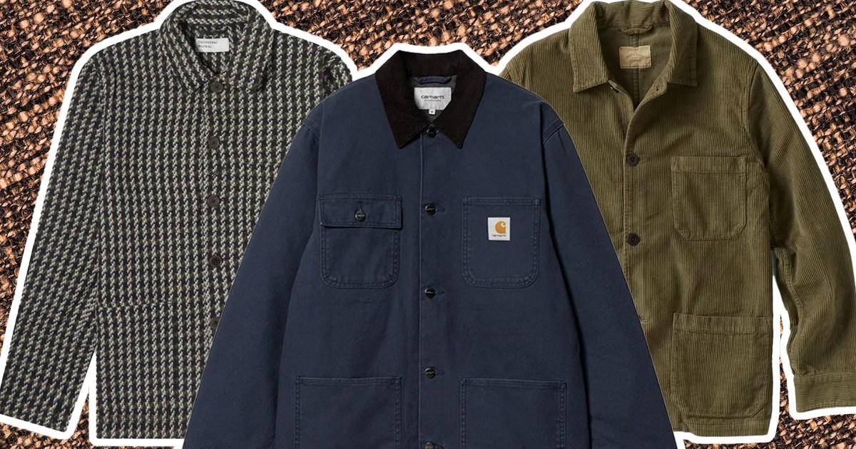 a collage of the best chore coats for men on a brown background