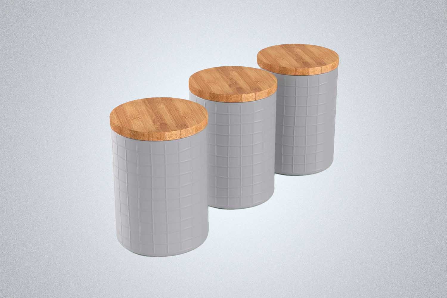 Kitchen Canisters With Bamboo Lids, Airtight Metal Canister Set