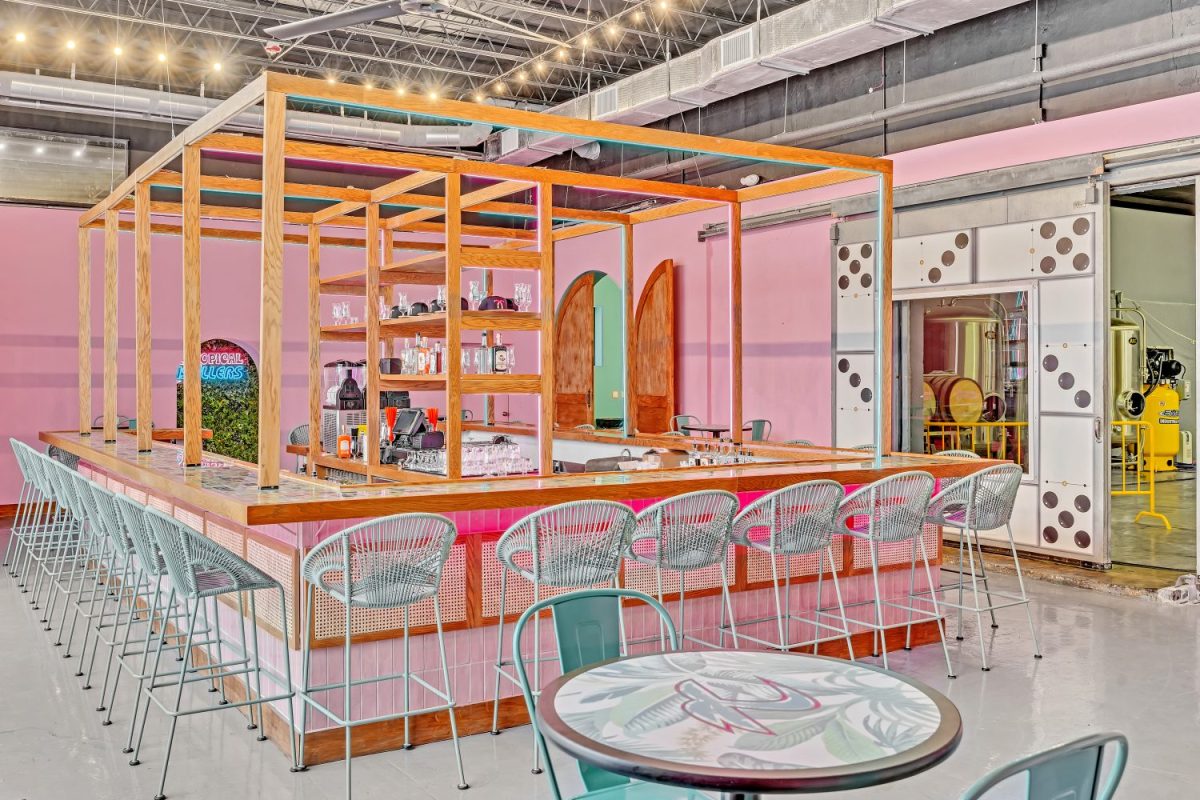 A bright pink-colored bar at Tropical Distillers in Miami, Florida