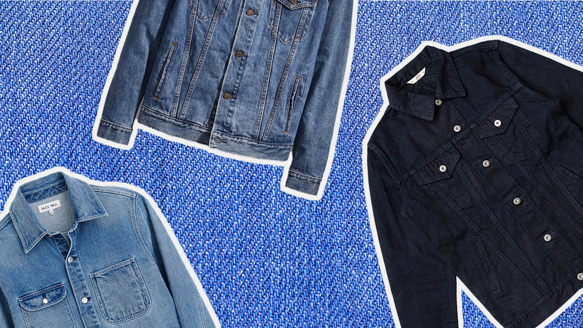 a collage of denim jackets on a blue denim background