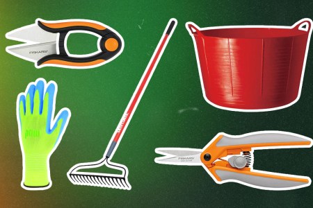 Gardening Tools on a green and yellow abstract background