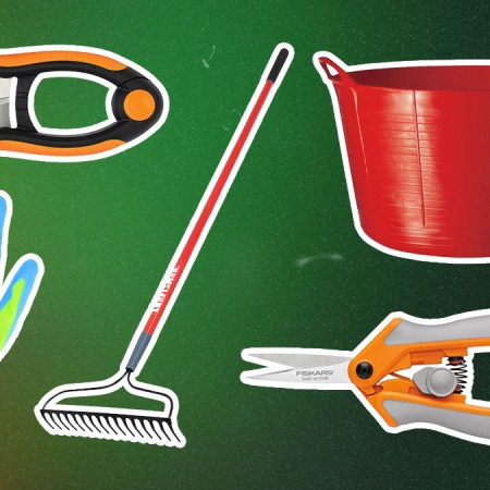 Gardening Tools on a green and yellow abstract background