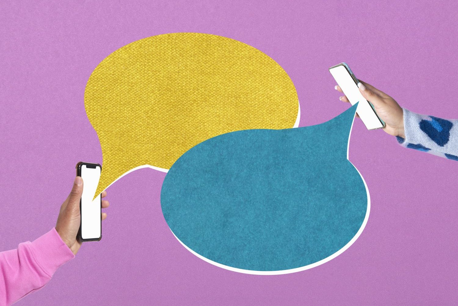 A graphic of two cell phones with speech bubbles coming out of them