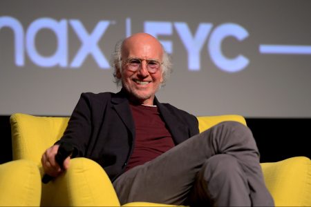 Larry David speaks onstage during the Curb Your Enthusiasm FYC Panel at DGA Theater Complex on April 10, 2022 in Los Angeles, California.