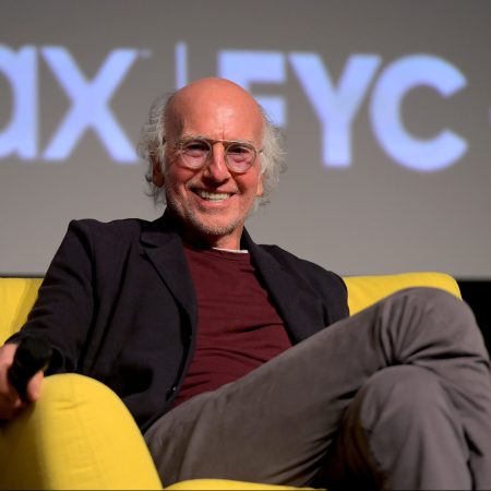 Larry David speaks onstage during the Curb Your Enthusiasm FYC Panel at DGA Theater Complex on April 10, 2022 in Los Angeles, California.