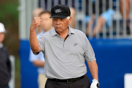 Lee Trevino of The United States reacts to a shot during the Thursday pro-am as a preview for the 2022 PNC Championship at The Ritz-Carlton Golf Club on December 15, 2022 in Orlando, Florida.