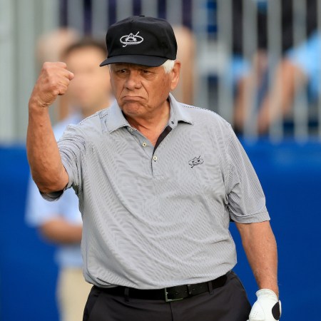 Lee Trevino of The United States reacts to a shot during the Thursday pro-am as a preview for the 2022 PNC Championship at The Ritz-Carlton Golf Club on December 15, 2022 in Orlando, Florida.