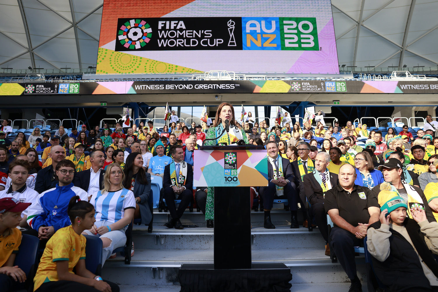Minister for Sport Anika Wells speaks during the FIFA Women's World Cup 100 Days To Go launch event at Sydney Football Stadium on April 11, 2023 in Sydney, Australia.