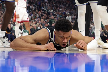 Giannis Antetokounmpo #34 of the Milwaukee Bucks is injured during Game One of the Eastern Conference First Round Playoffs against the Miami Heat at Fiserv Forum on April 16, 2023 in Milwaukee, Wisconsin.