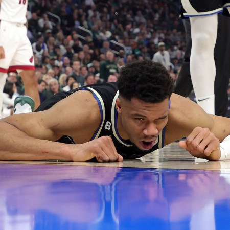 Giannis Antetokounmpo #34 of the Milwaukee Bucks is injured during Game One of the Eastern Conference First Round Playoffs against the Miami Heat at Fiserv Forum on April 16, 2023 in Milwaukee, Wisconsin.
