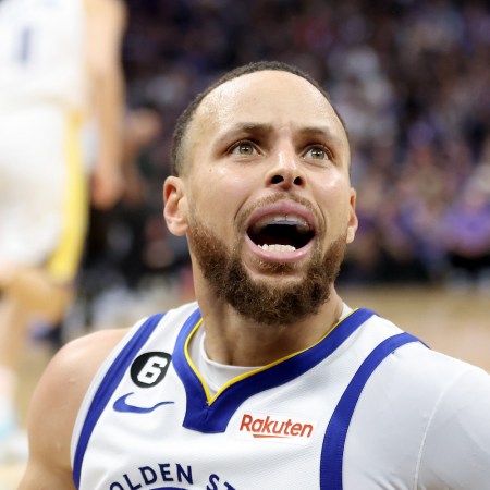 Stephen Curry #30 of the Golden State Warriors complains about a play during Game Two of the Western Conference First Round Playoffs against the Sacramento Kings at Golden 1 Center on April 17, 2023 in Sacramento, California.