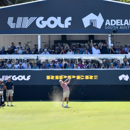 Jed Morgan of the Ripper GC hits an iron off the 12th tee during day three of Liv Golf Adelaide at The Grange Golf Course on April 23, 2023 in Adelaide, Australia.