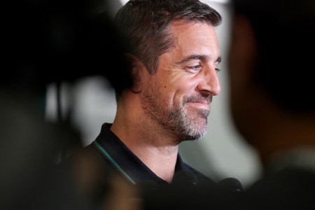 New York Jets quarterback Aaron Rodgers talks with a group of journalists after the press conference to introduce Aaron Rodgers as the new quarterback for the New York Jets at Atlantic Health Jets Training Center on April 26, 2023 in Florham Park, New Jersey.