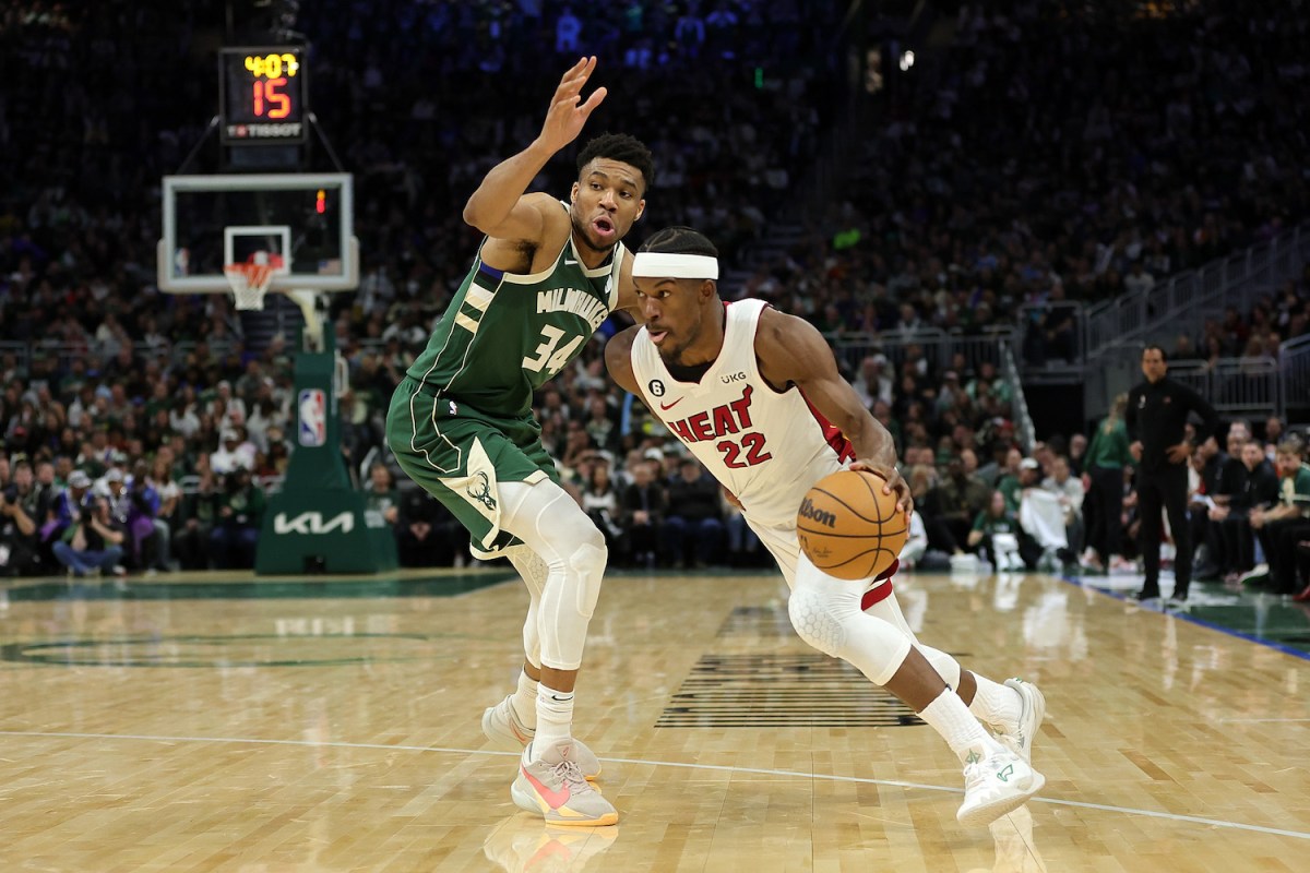 Jimmy Butler #22 of the Miami Heat drives around Giannis Antetokounmpo #34 of the Milwaukee Bucks during the second half of Game 5 of the Eastern Conference First Round Playoffs at Fiserv Forum on April 26, 2023 in Milwaukee, Wisconsin.