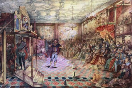 Cartoon of Shakespeare Performing For Queen