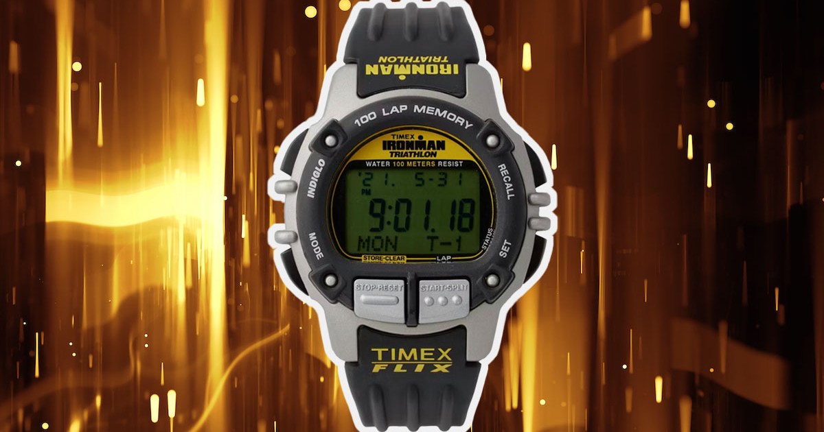 a Huckberry x Timex watch on a black and yellow background