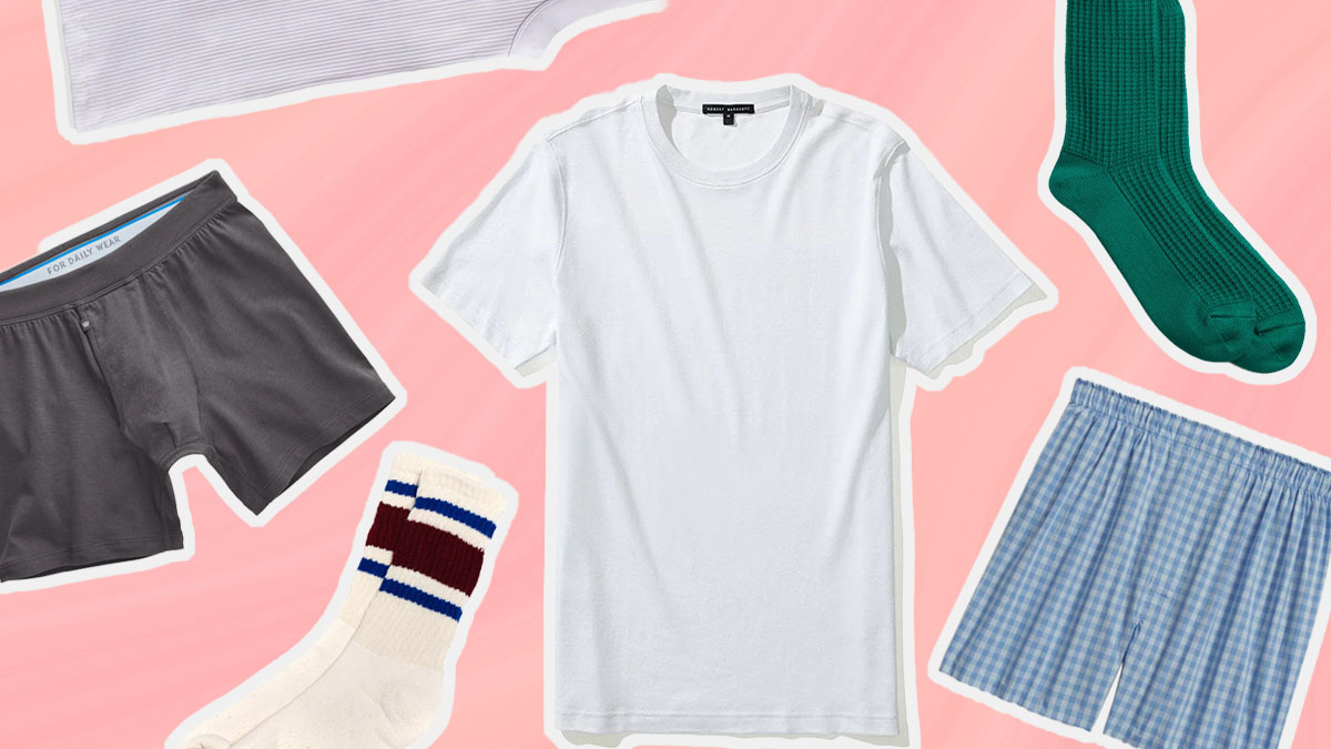 a collage of men's basics on a pink background