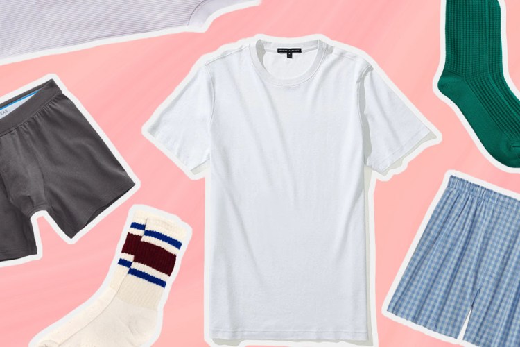 a collage of men's basics on a pink background