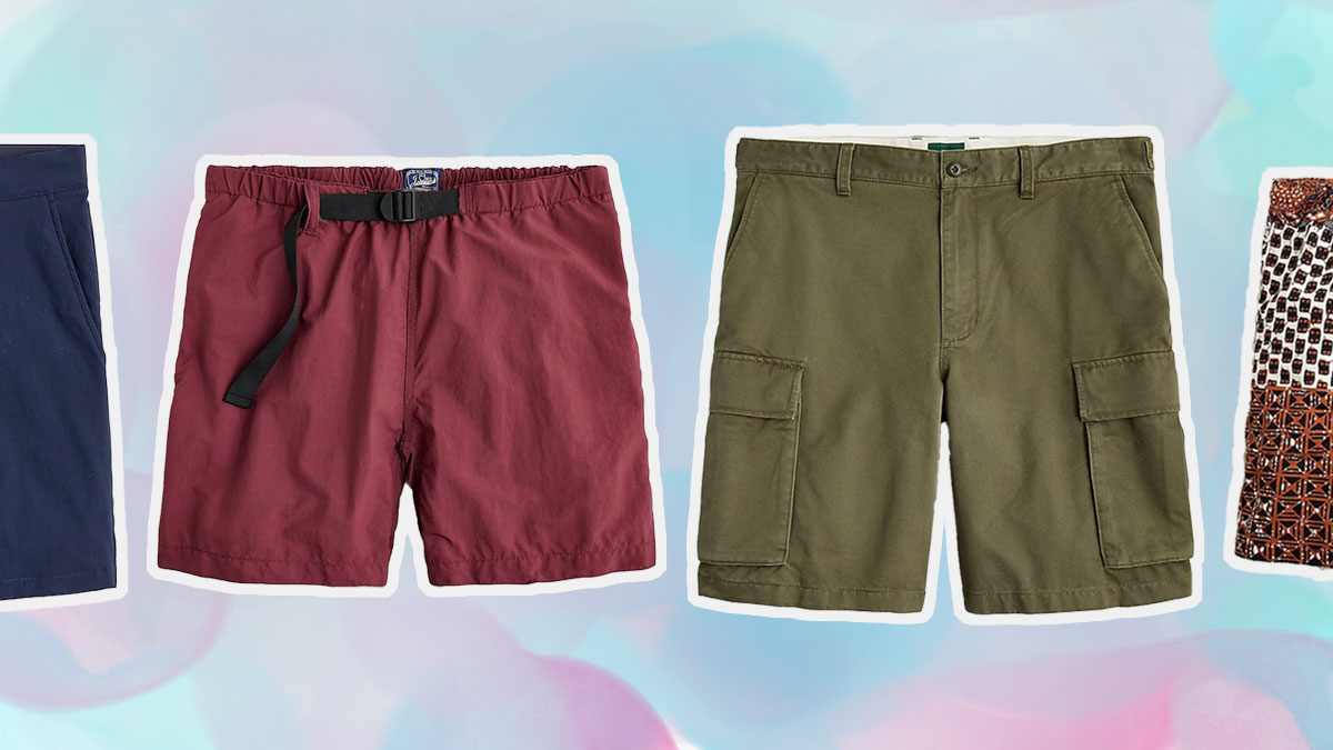 a collage of items from the J.Crew Shorts sale on a blue patterned background