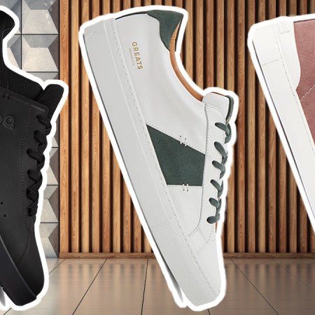 a collage of the best office sneakers for men on a grey background