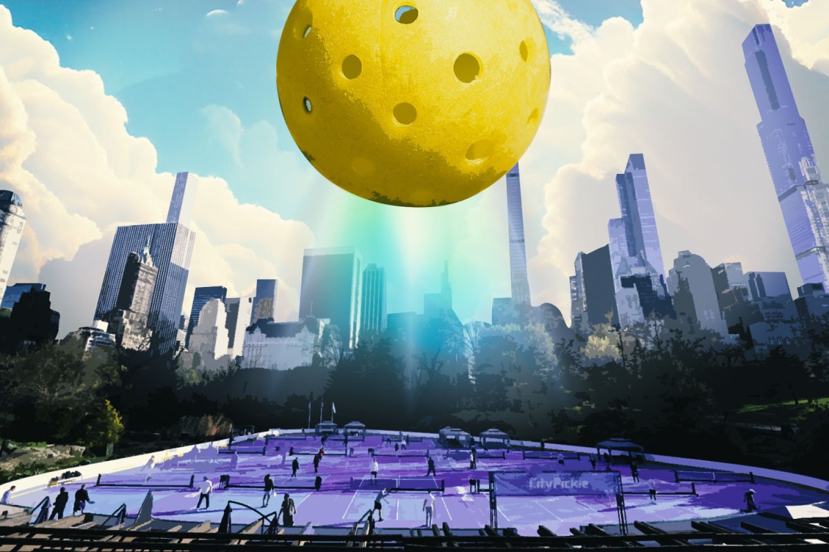 A pickleball looms like an alien mothership over Central Park's Wollman Rink.