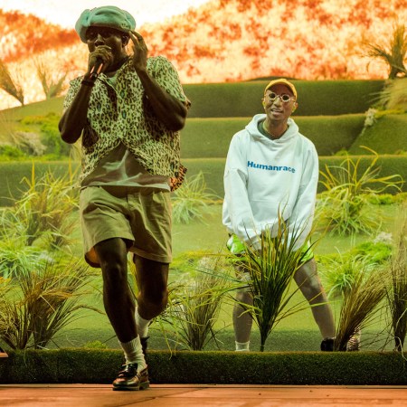 Collage of Tyler, The Creator and Pharrell Williams performing.