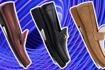 a collage of the best men's loafers on a blue striped background