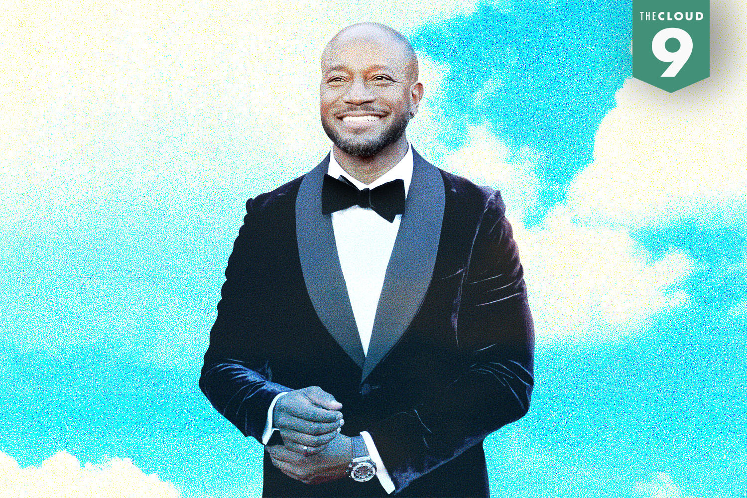 A photo of Taye Diggs superimposed on a cloud background.
