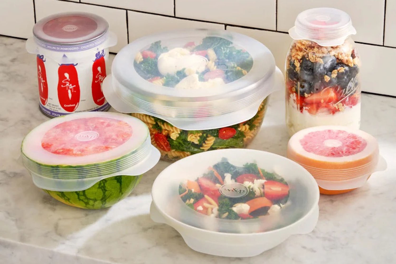 a W&P stretch wapper on tupperware and kitchen items