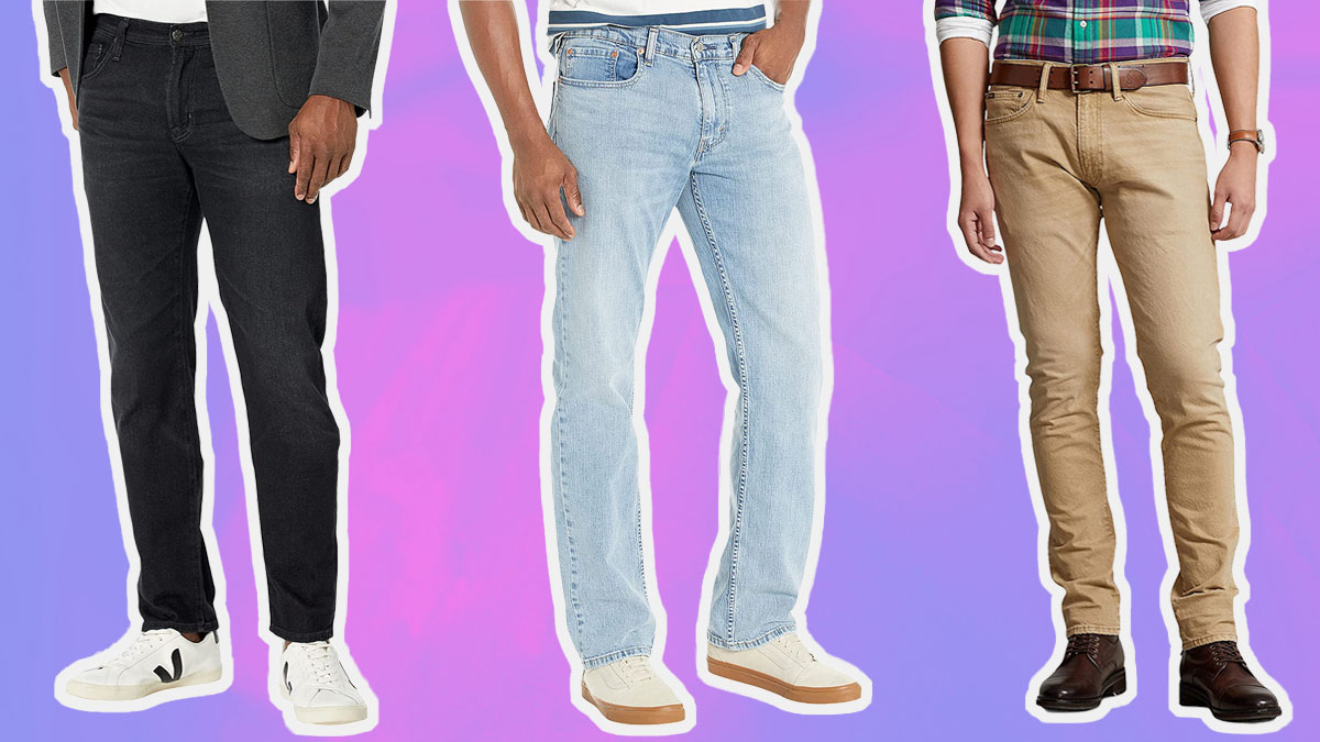 a collage of models in styles from the Zappos Jeans Sale on a purple background