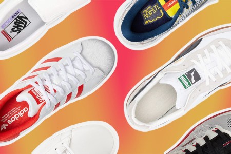 a collage of white sneakers from Zappos on a red background