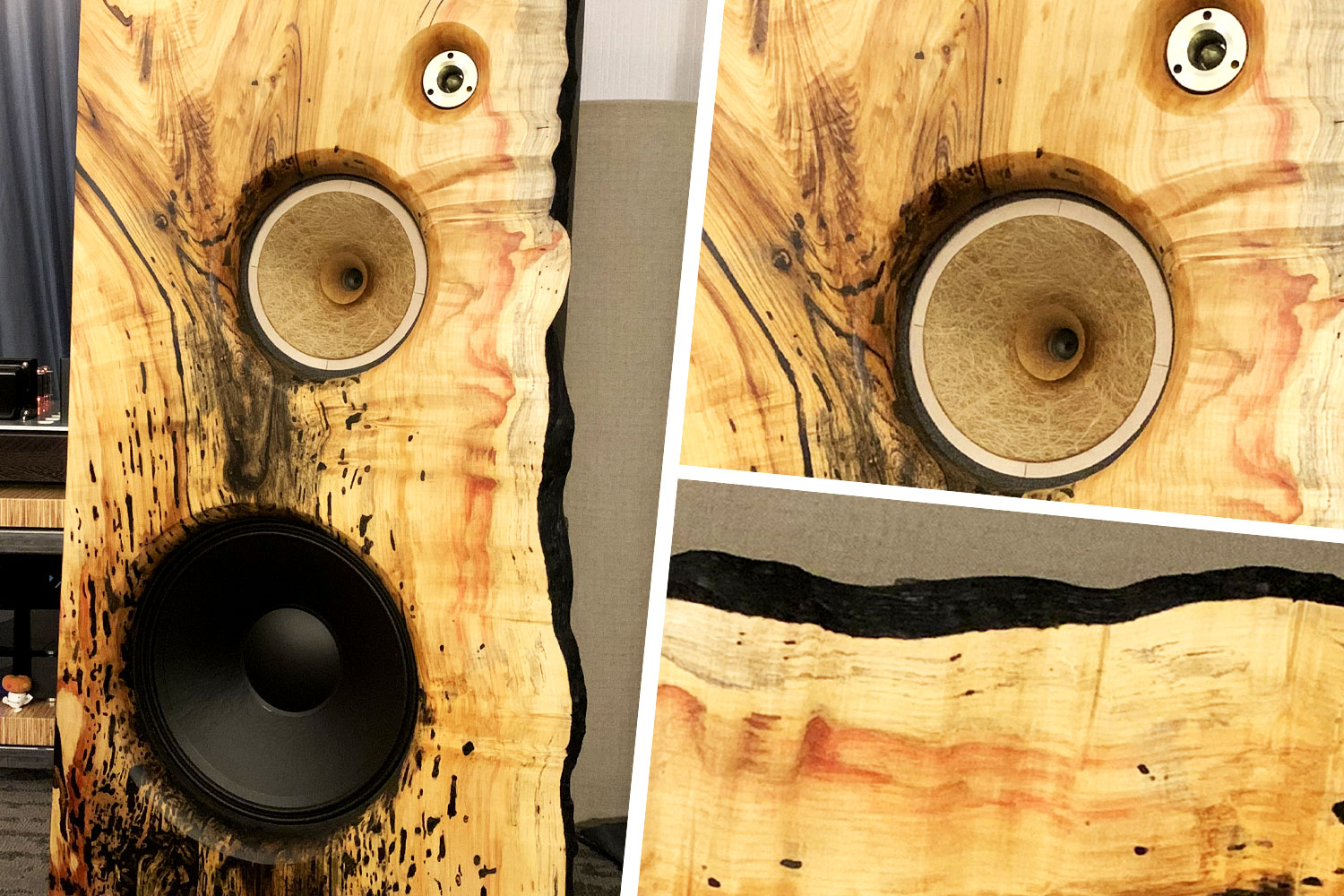 A Treehaus Speaker, one that's brown and asymmetrical, resembling tree bark.